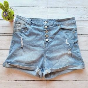 Love Tree Light Wash High Waist Distressed Cuffed Shorts - Size L